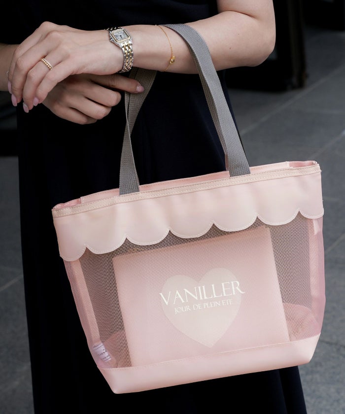 レディースファッションエレガントフェミニンメッシュバッグトートバッグスカラップロゴプリントオリジナルポーチセットポーチ付きミニポーチかわいいオフホワイトピンク軽量大容量透けPVC