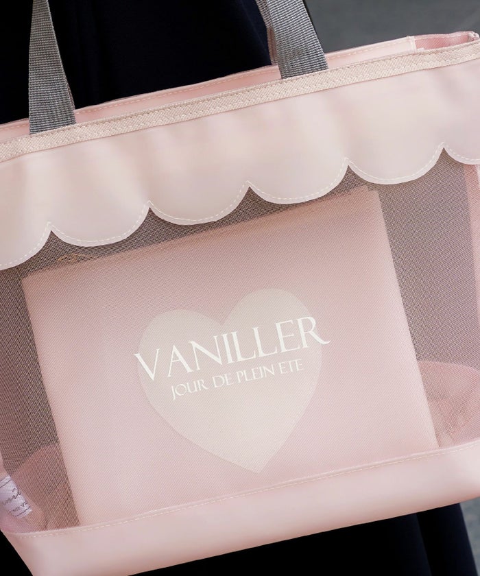 レディースファッションエレガントフェミニンメッシュバッグトートバッグスカラップロゴプリントオリジナルポーチセットポーチ付きミニポーチかわいいオフホワイトピンク軽量大容量透けPVC