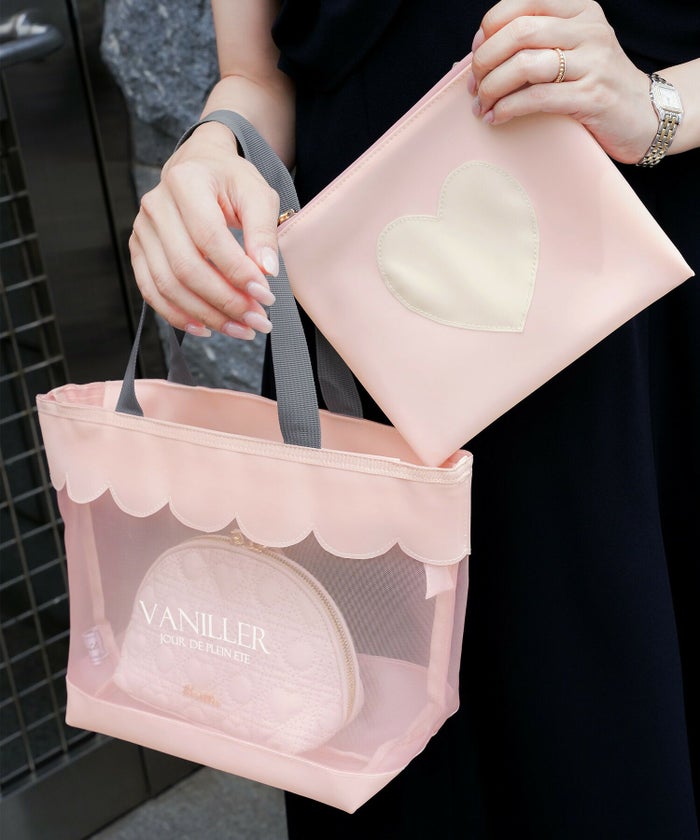 レディースファッションエレガントフェミニンメッシュバッグトートバッグスカラップロゴプリントオリジナルポーチセットポーチ付きミニポーチかわいいオフホワイトピンク軽量大容量透けPVC