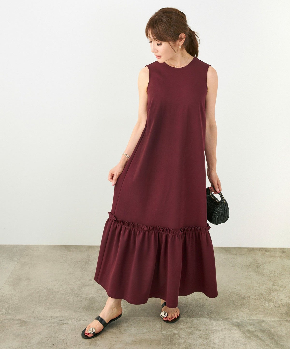 手洗い可かわいい上品きれいめ大人カジュアルシンプルノースリーブ体型カバーフェニミンジョイントスペース