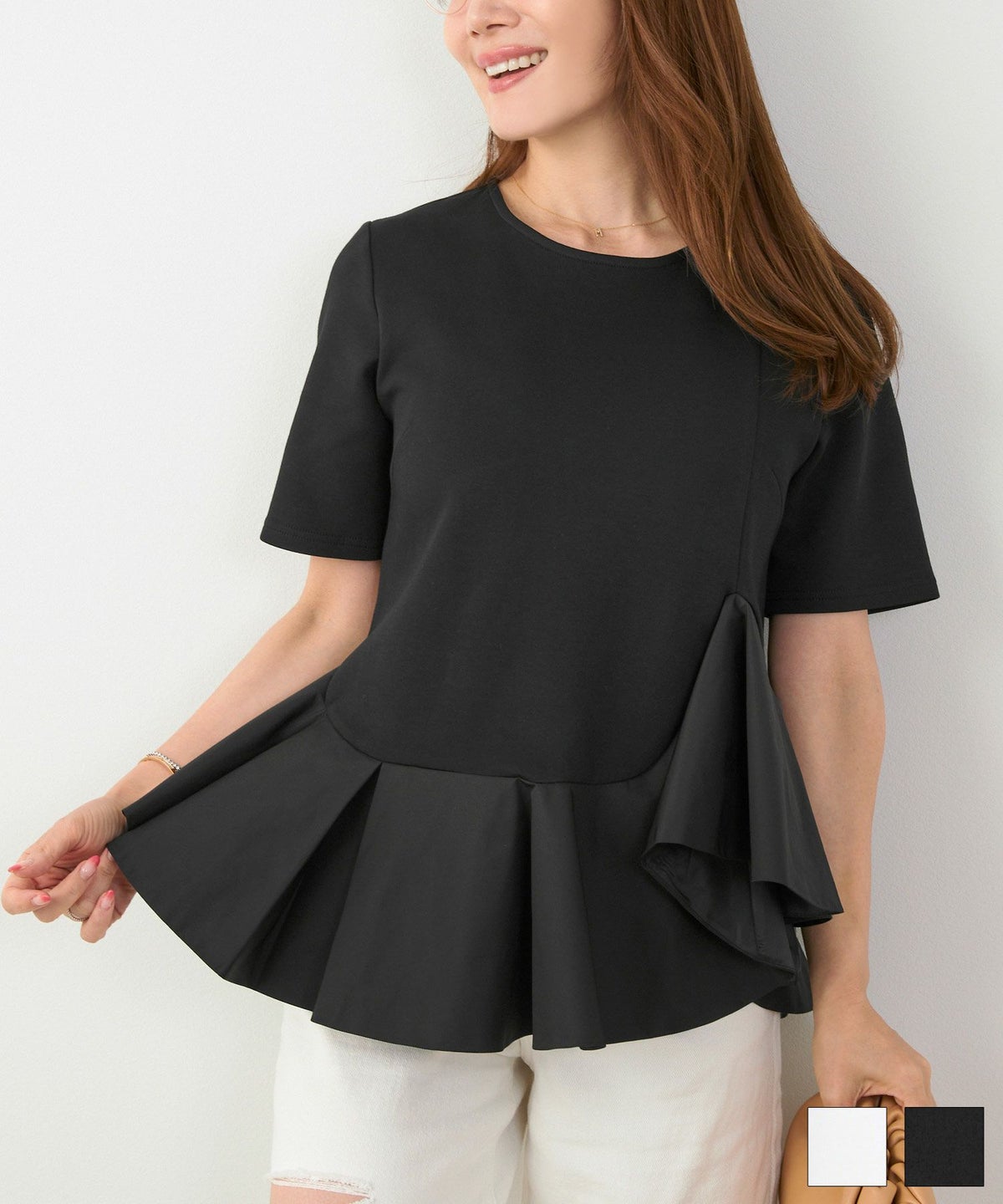 手洗い可かわいい上品きれいめ大人カジュアルオフィスシンプルイレヘム体型カバー異素材ジョイントスペース 裾ランダム ペプラム カットソー Liala×PG