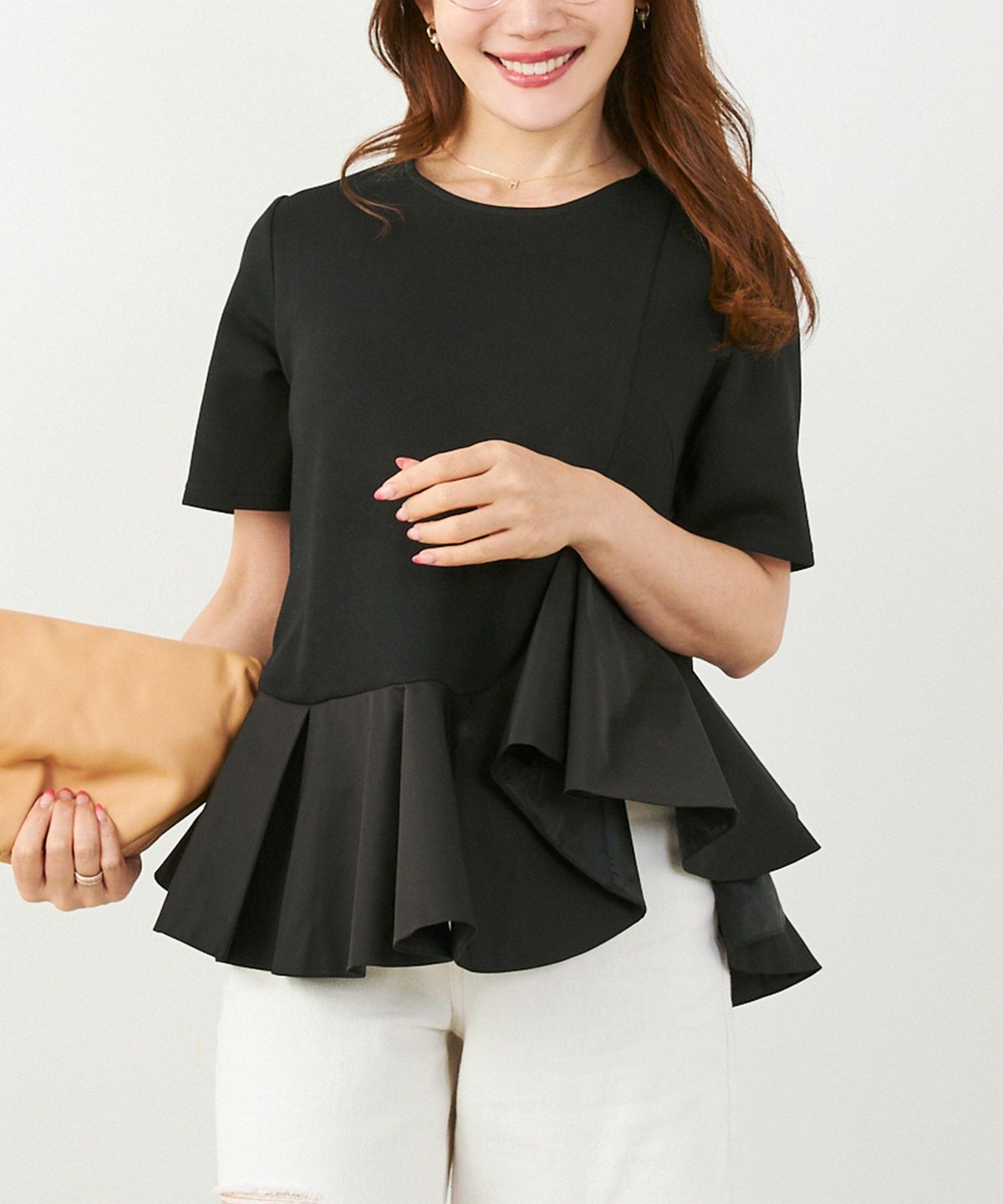 手洗い可かわいい上品きれいめ大人カジュアルオフィスシンプルイレヘム体型カバー異素材ジョイントスペース