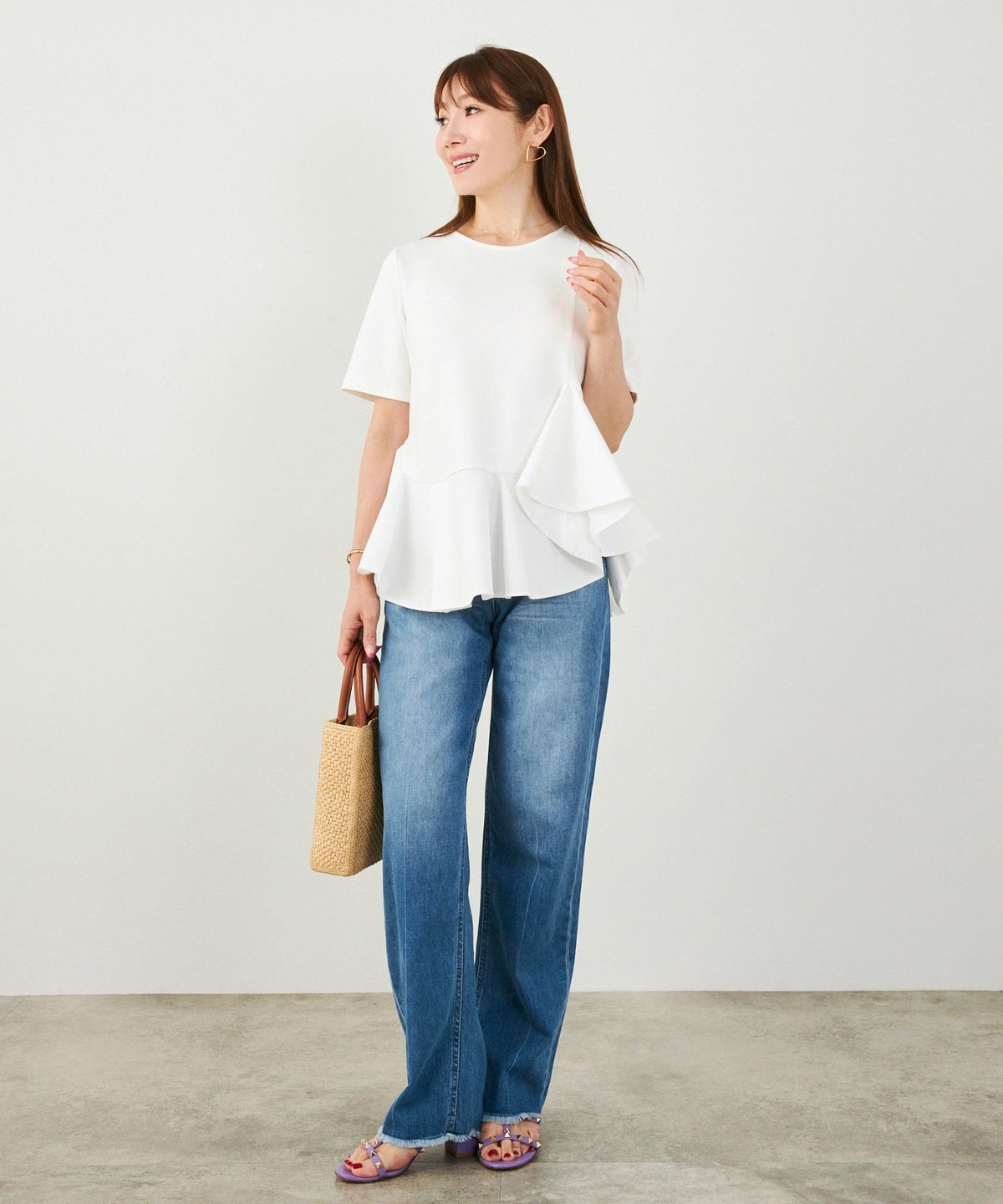 手洗い可かわいい上品きれいめ大人カジュアルオフィスシンプルイレヘム体型カバー異素材ジョイントスペース