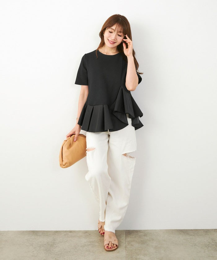 手洗い可かわいい上品きれいめ大人カジュアルオフィスシンプルイレヘム体型カバー異素材ジョイントスペース