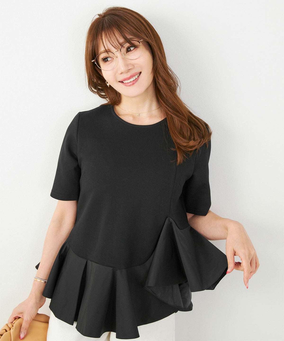 手洗い可かわいい上品きれいめ大人カジュアルオフィスシンプルイレヘム体型カバー異素材ジョイントスペース