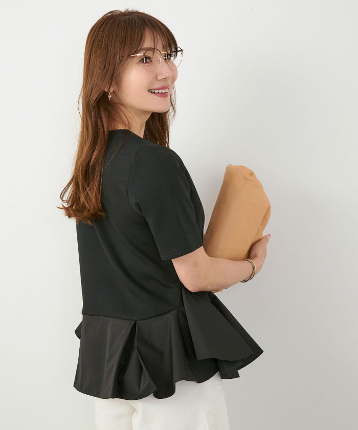 手洗い可かわいい上品きれいめ大人カジュアルオフィスシンプルイレヘム体型カバー異素材ジョイントスペース