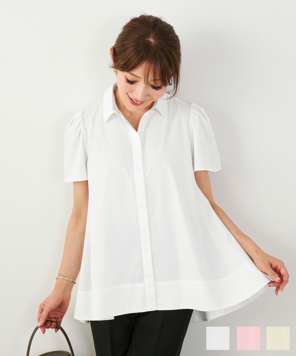 手洗い可 かわいい 上品 きれいめ 大人カジュアル オフィス シンプル 襟付き イレヘム 体型カバー ジョイントスペース シャツ襟 フレア袖 とろみ ブラウス Liala×PG