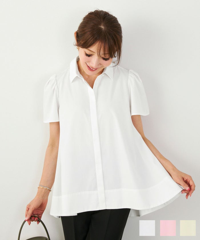 手洗い可 かわいい 上品 きれいめ 大人カジュアル オフィス シンプル 襟付き イレヘム 体型カバー ジョイントスペース シャツ襟 フレア袖 とろみ ブラウス Liala×PG