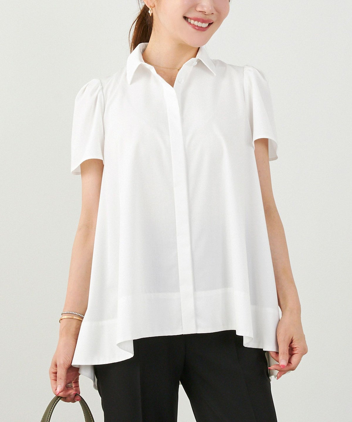 手洗い可かわいい上品きれいめ大人カジュアルオフィスシンプル襟付きイレヘム体型カバージョイントスペース