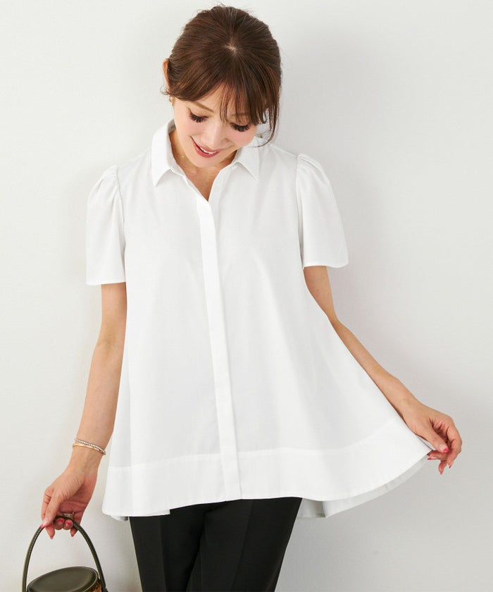 手洗い可かわいい上品きれいめ大人カジュアルオフィスシンプル襟付きイレヘム体型カバージョイントスペース