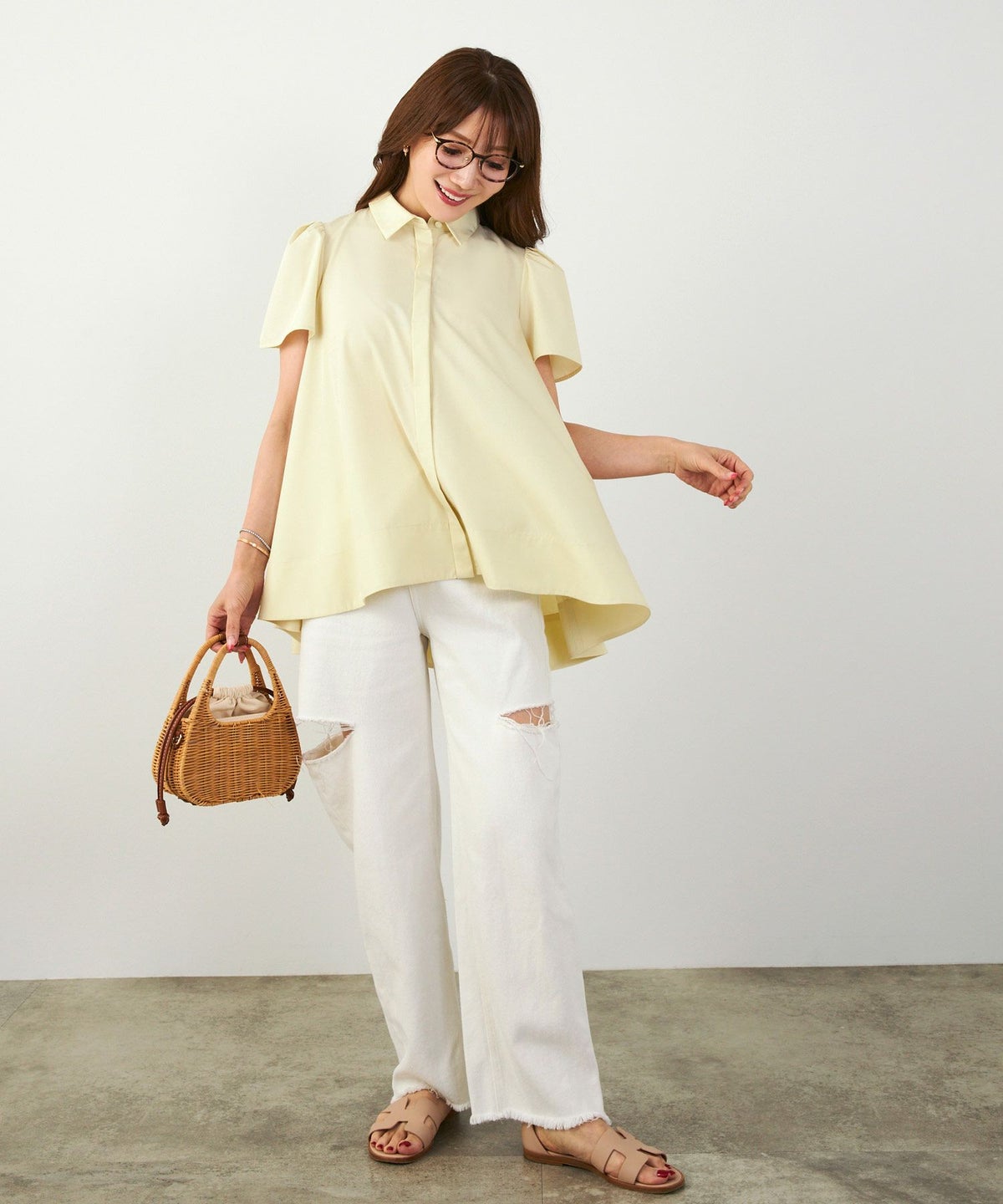 手洗い可かわいい上品きれいめ大人カジュアルオフィスシンプル襟付きイレヘム体型カバージョイントスペース