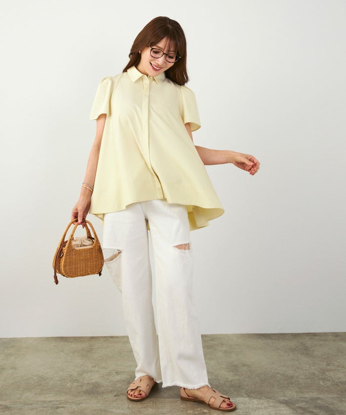 手洗い可かわいい上品きれいめ大人カジュアルオフィスシンプル襟付きイレヘム体型カバージョイントスペース