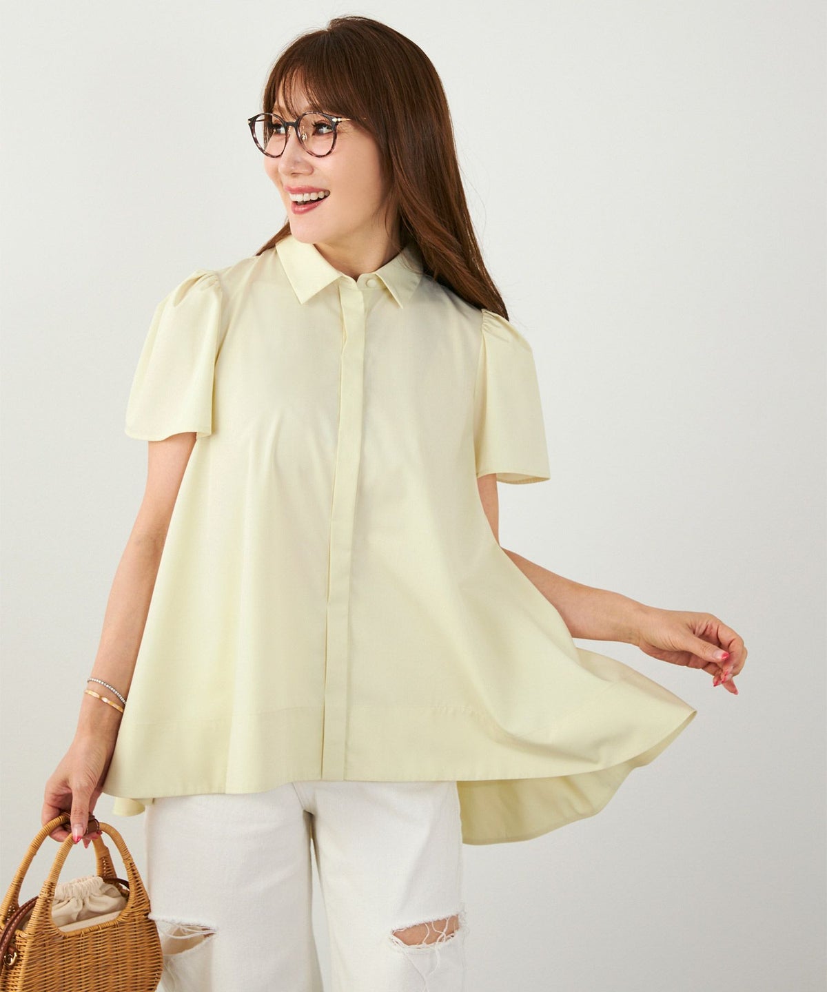 手洗い可かわいい上品きれいめ大人カジュアルオフィスシンプル襟付きイレヘム体型カバージョイントスペース