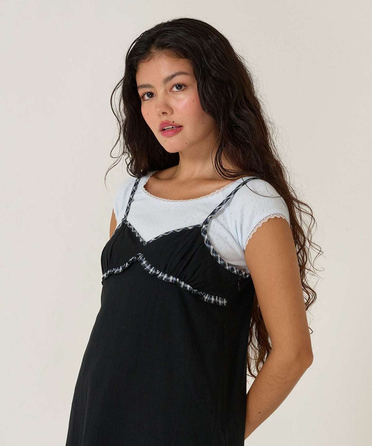 Tシャツ/レース/ボートネック/サックス