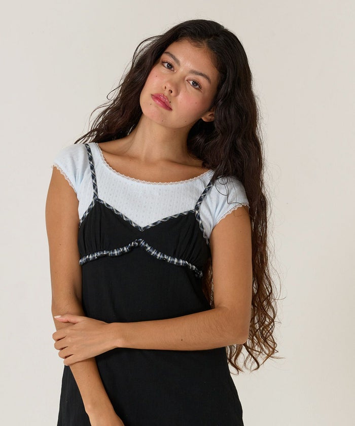 Tシャツ/レース/ボートネック/サックス