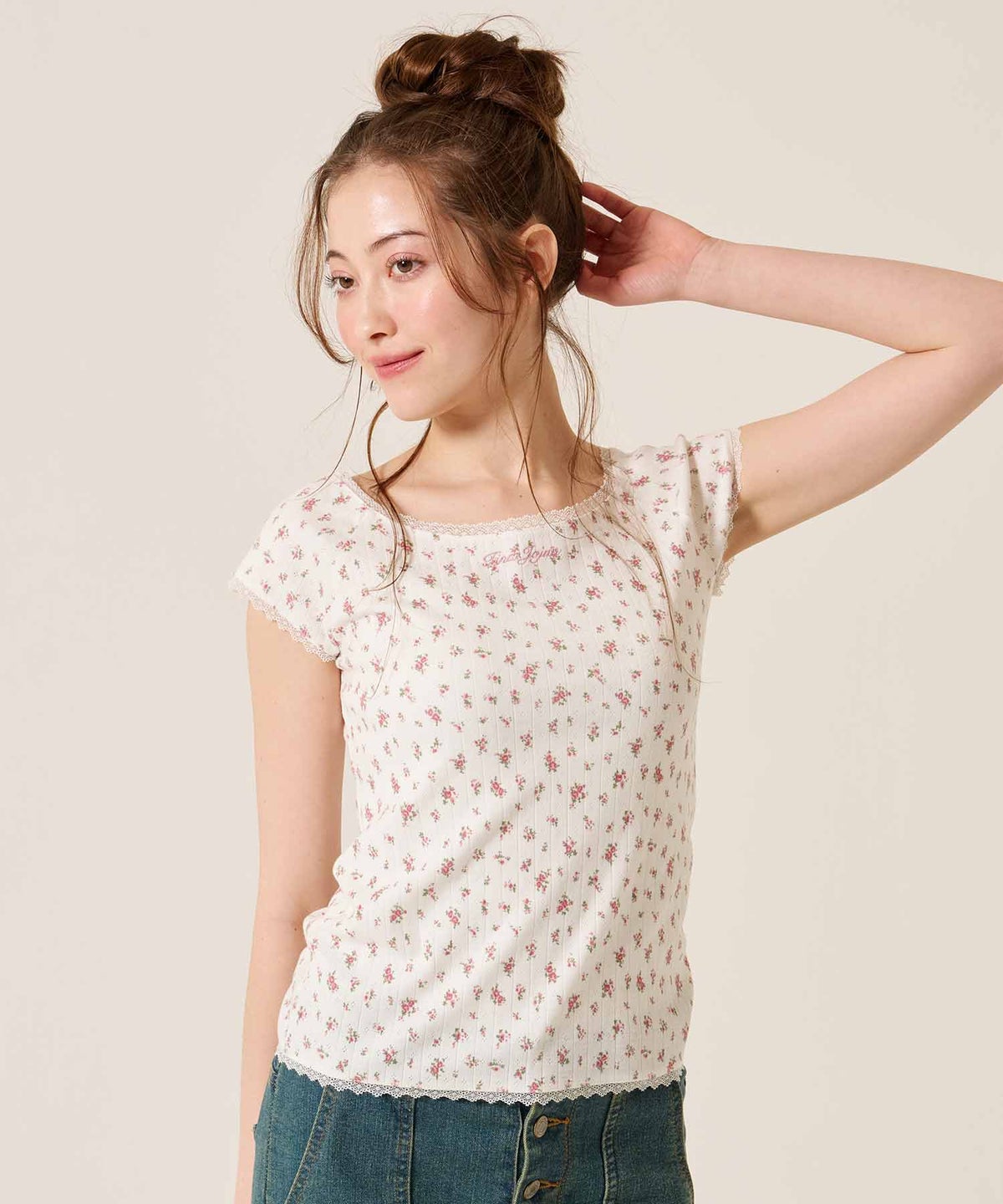 Tシャツ/レース/ボートネック/サックス