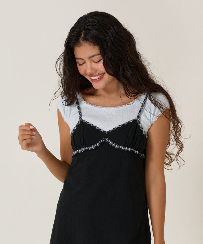 Tシャツ/レース/ボートネック/サックス