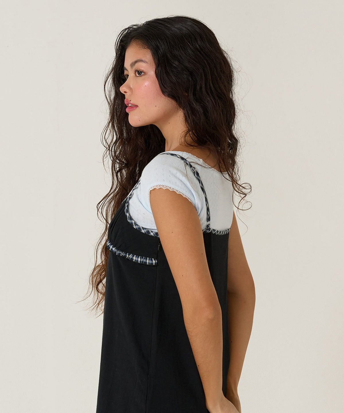 Tシャツ/レース/ボートネック/サックス