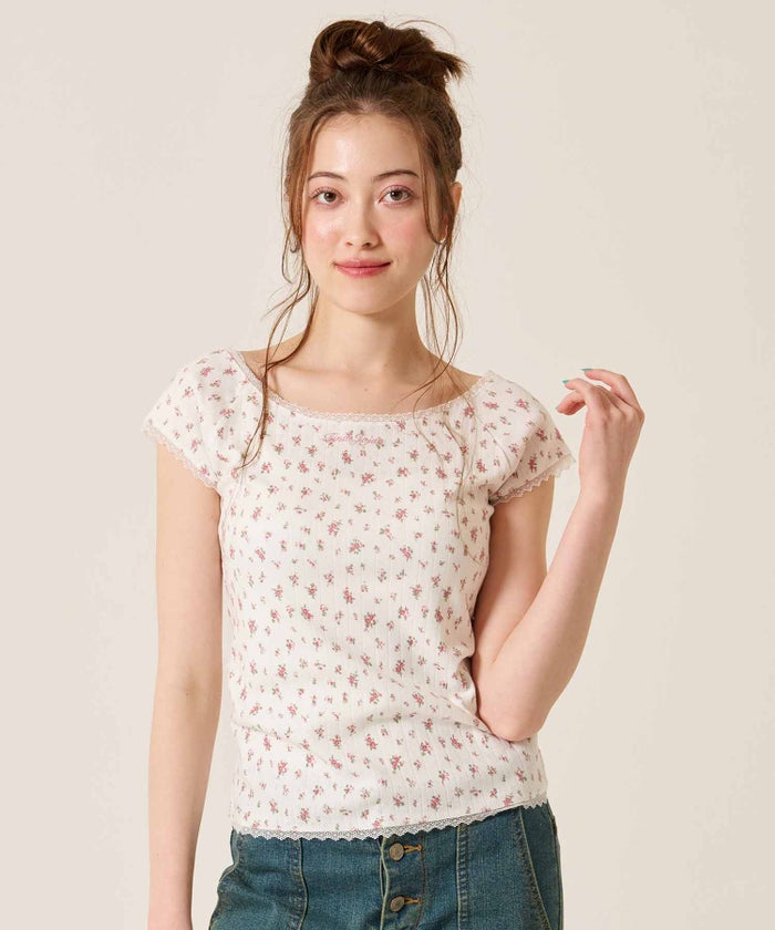 Tシャツ/レース/ボートネック/サックス