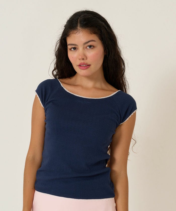 Tシャツ/レース/ボートネック/ネイビー