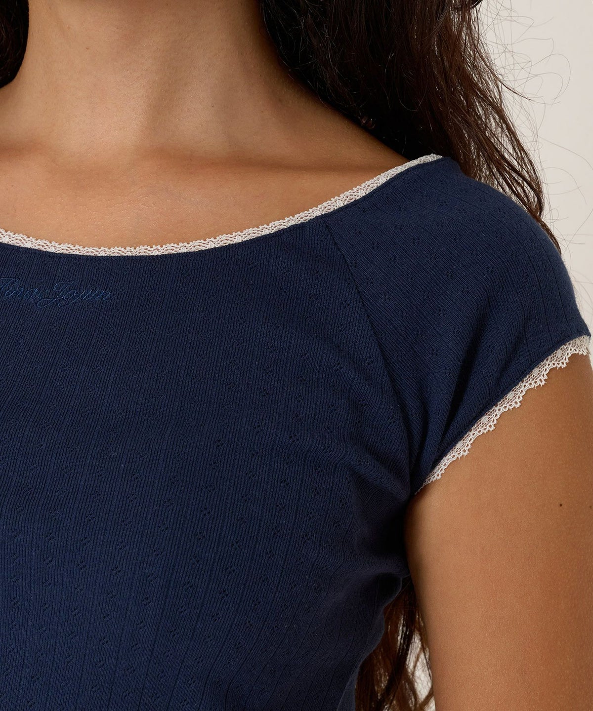 Tシャツ/レース/ボートネック/ネイビー