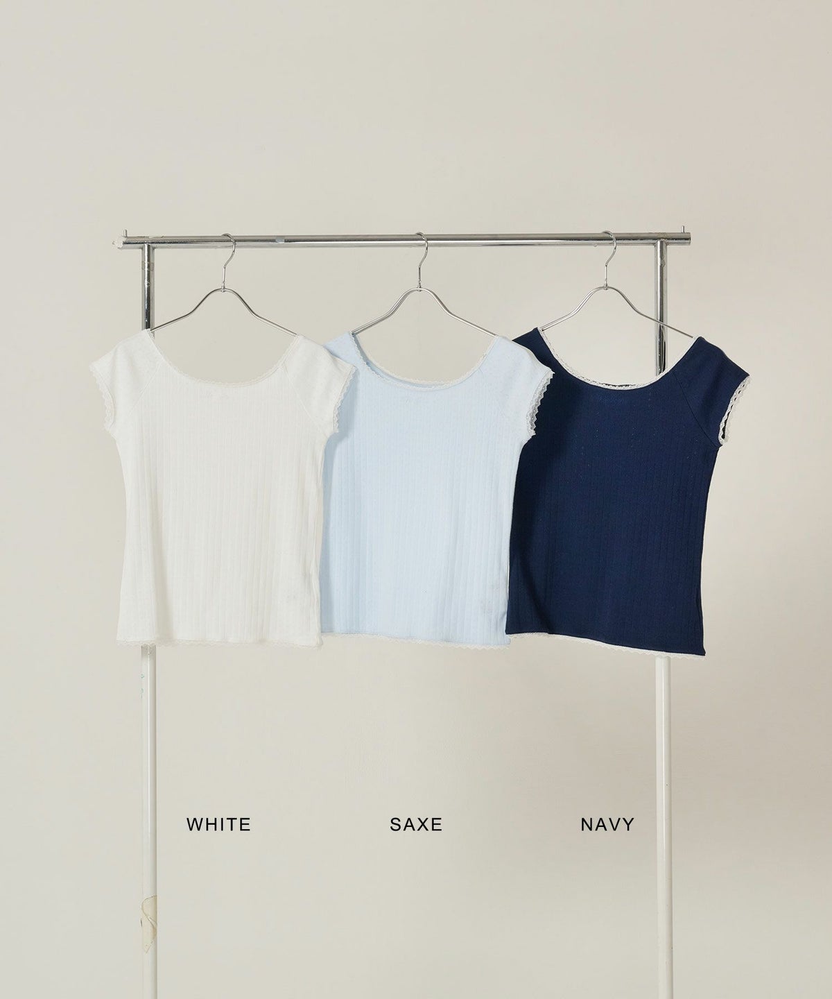 Tシャツ/レース/ボートネック/ホワイト/サックス/ネイビー