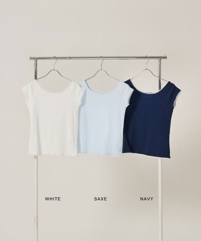 Tシャツ/レース/ボートネック/ホワイト/サックス/ネイビー