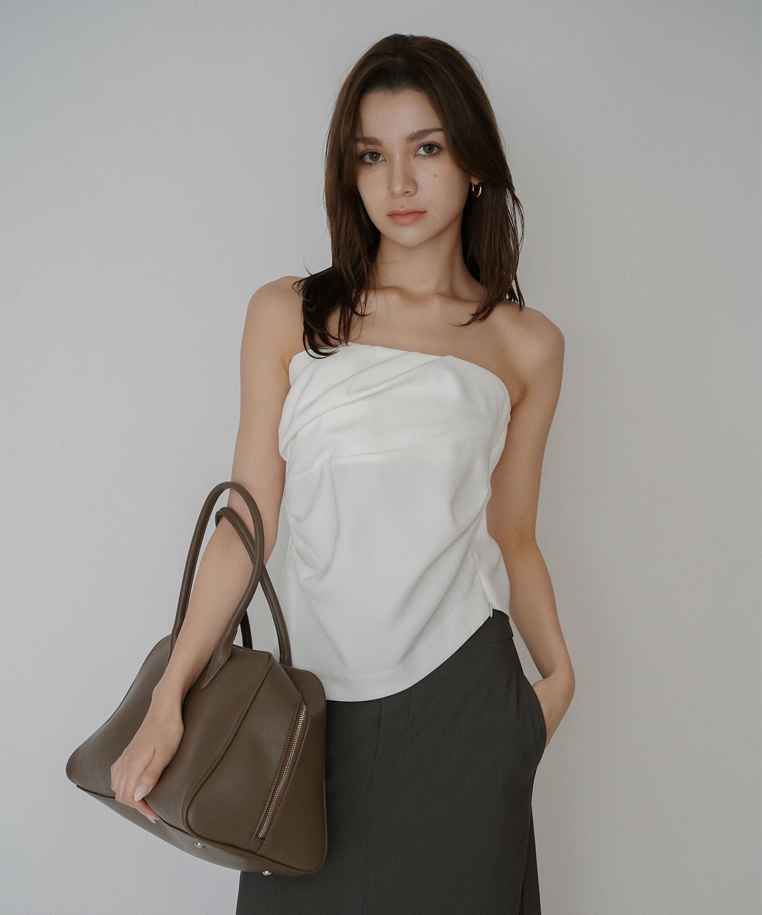 タック ドレープ サテン ベアトップス （ セットアップ可 ） KINO THE