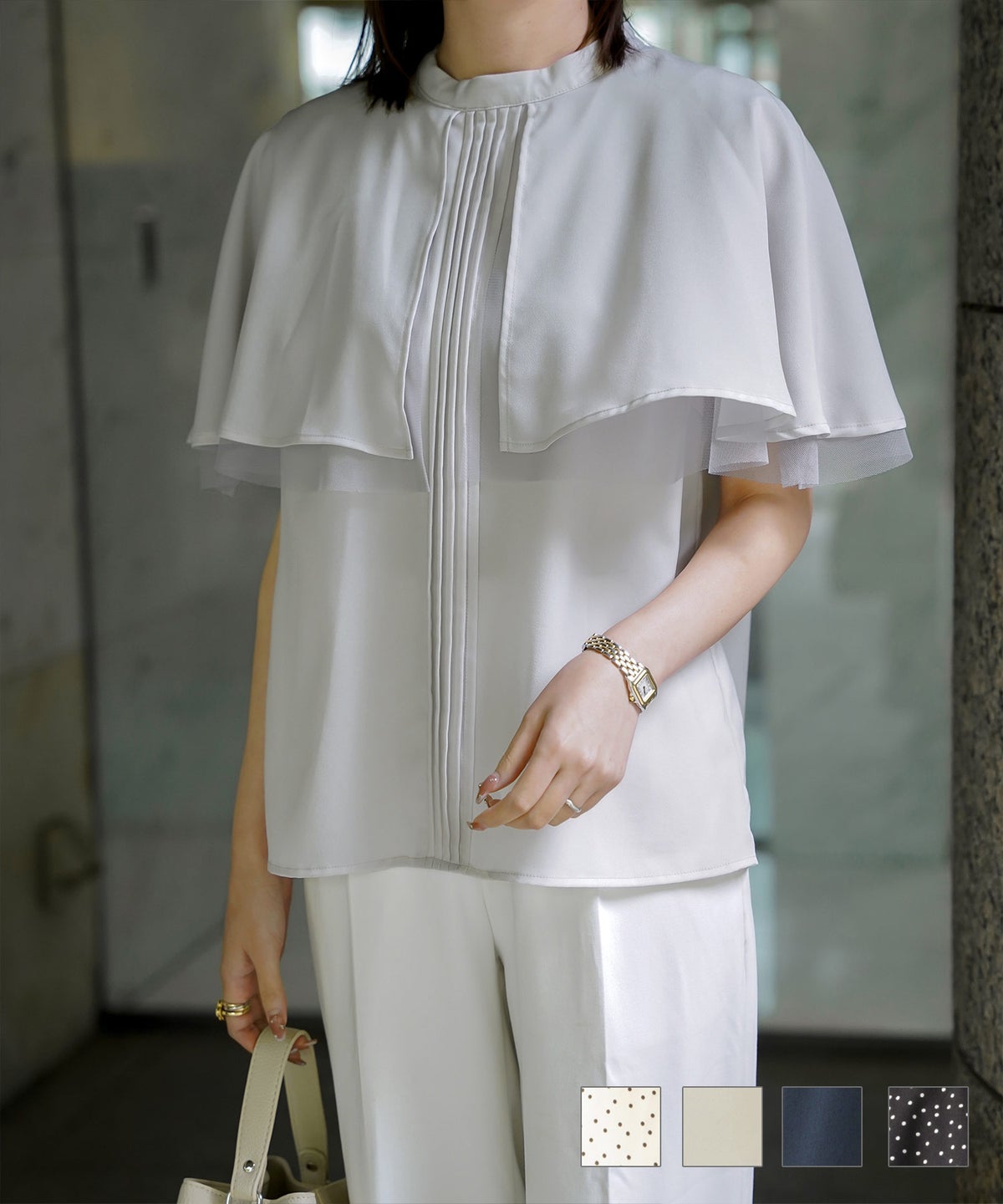 ピンタック ケープ ブラウス レディース ブラウス シフォン チュール 異素材 オフィス きれいめ 上品 洗える ピンタック ケープ ブラウス HUIT