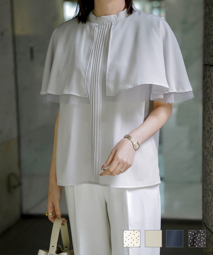 ピンタック ケープ ブラウス レディース ブラウス シフォン チュール 異素材 オフィス きれいめ 上品 洗える ピンタック ケープ ブラウス HUIT