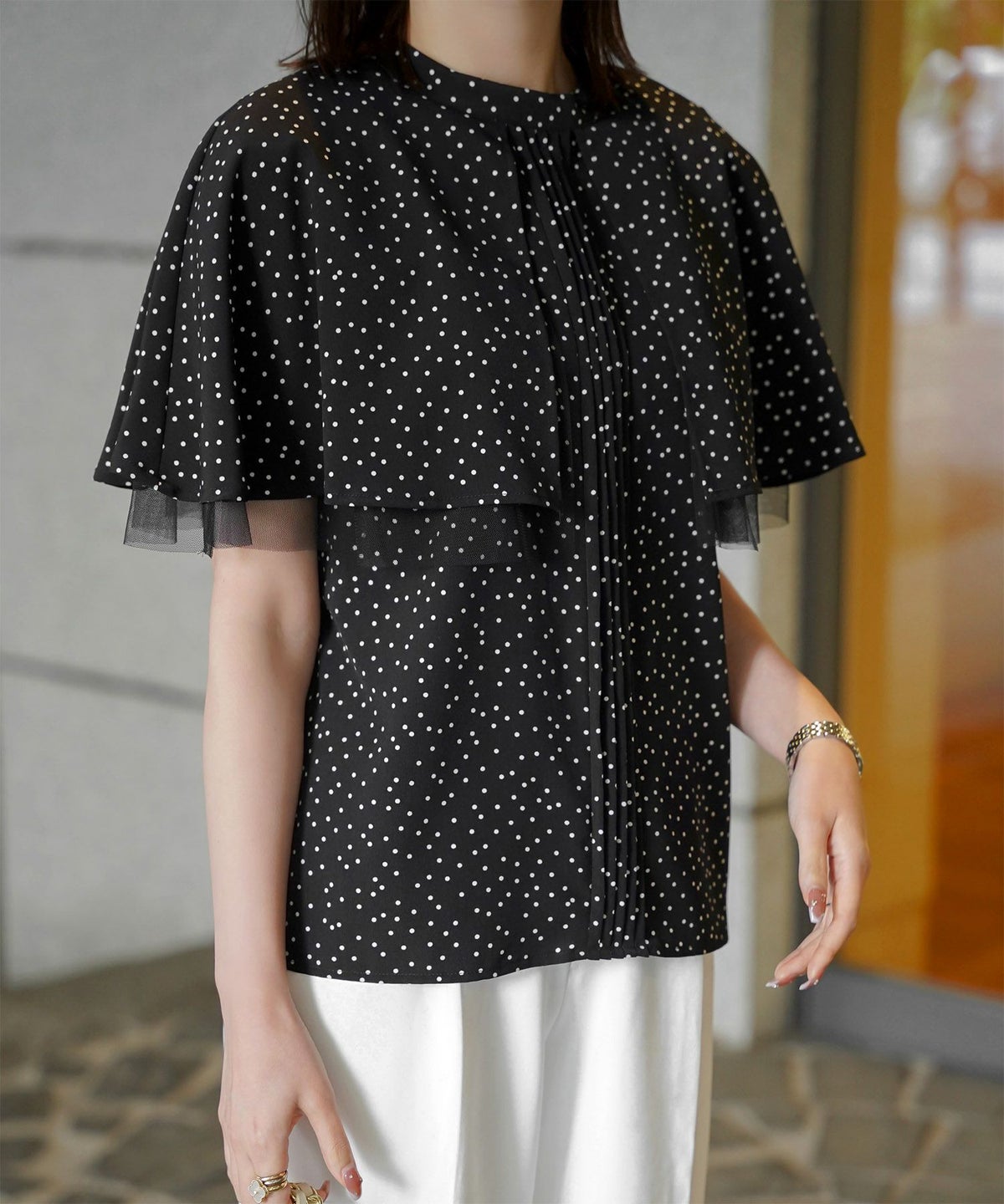 ピンタック ケープ ブラウス レディース ブラウス ドット シフォン チュール 異素材 オフィス きれいめ 上品 洗える