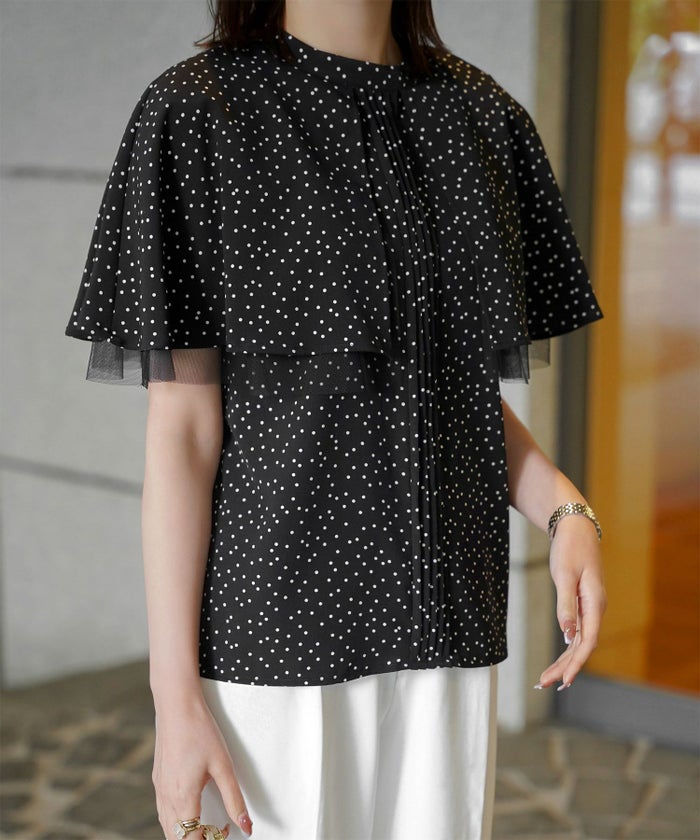 ピンタック ケープ ブラウス レディース ブラウス ドット シフォン チュール 異素材 オフィス きれいめ 上品 洗える