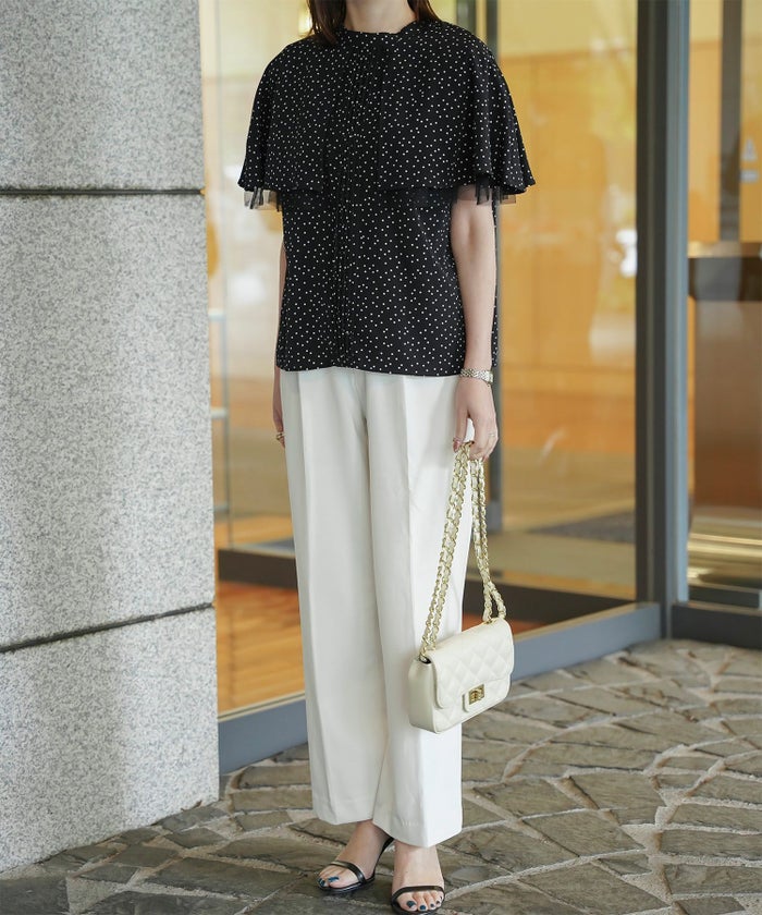 ピンタック ケープ ブラウス レディース ブラウス ドット シフォン チュール 異素材 オフィス きれいめ 上品 洗える