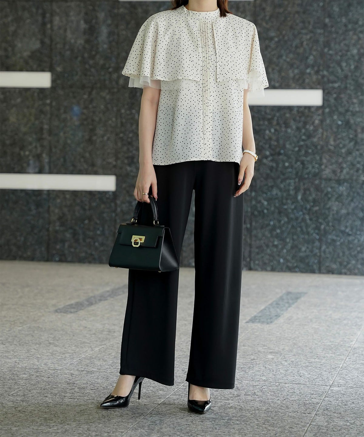 ピンタック ケープ ブラウス レディース ブラウス ドット シフォン チュール 異素材 オフィス きれいめ 上品 洗える