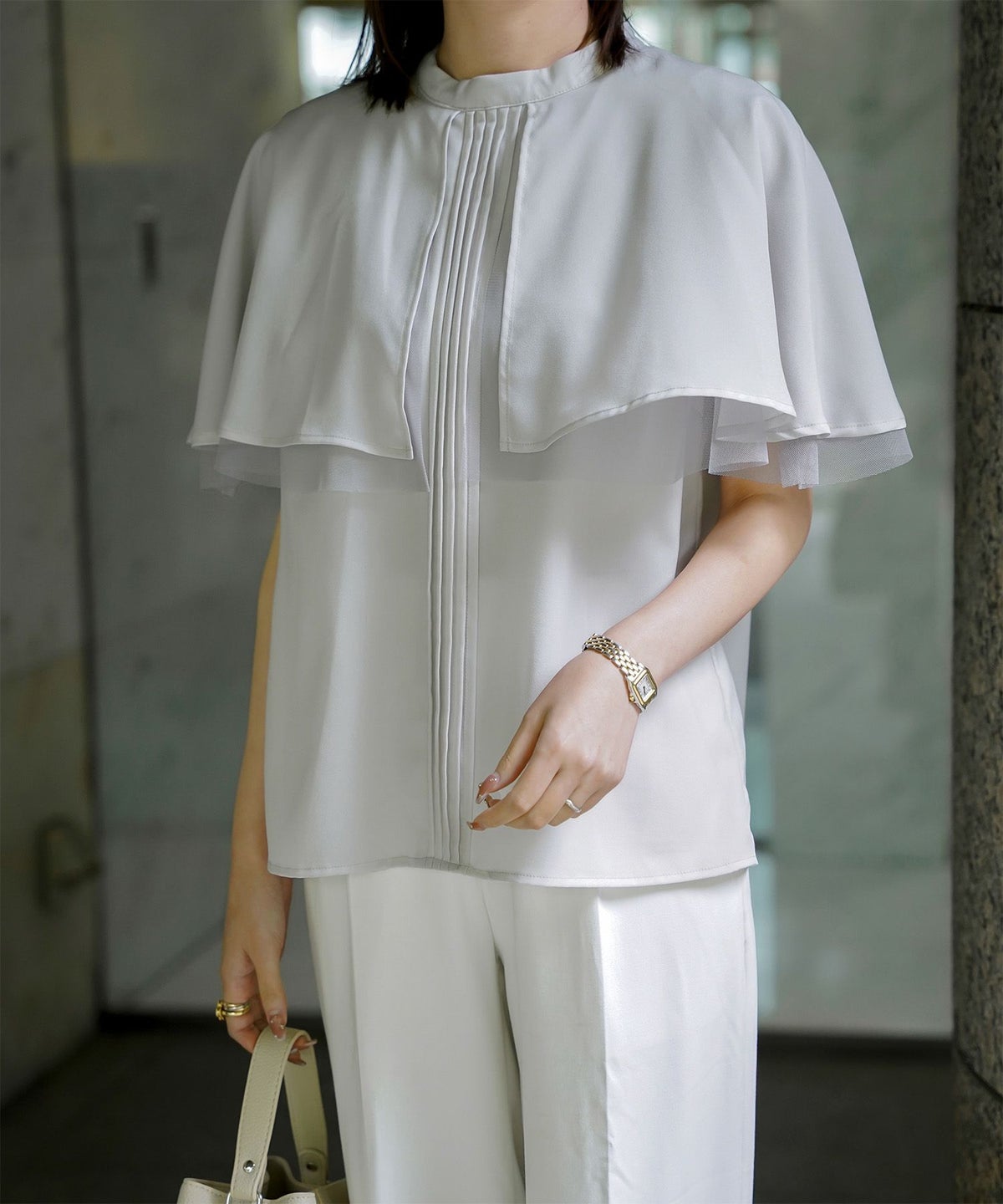 ピンタック ケープ ブラウス レディース ブラウス ドット シフォン チュール 異素材 オフィス きれいめ 上品 洗える