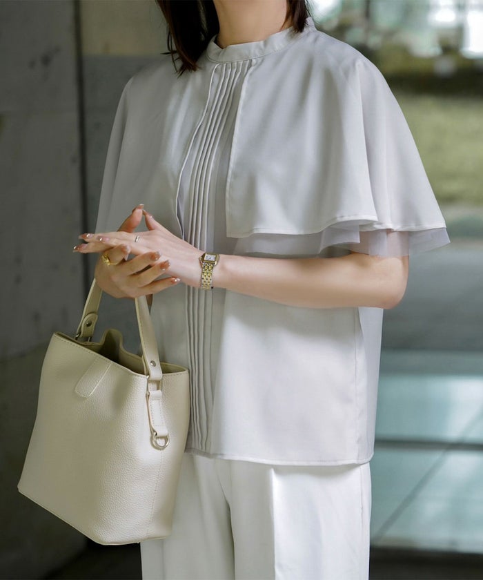 ピンタック ケープ ブラウス レディース ブラウス ドット シフォン チュール 異素材 オフィス きれいめ 上品 洗える