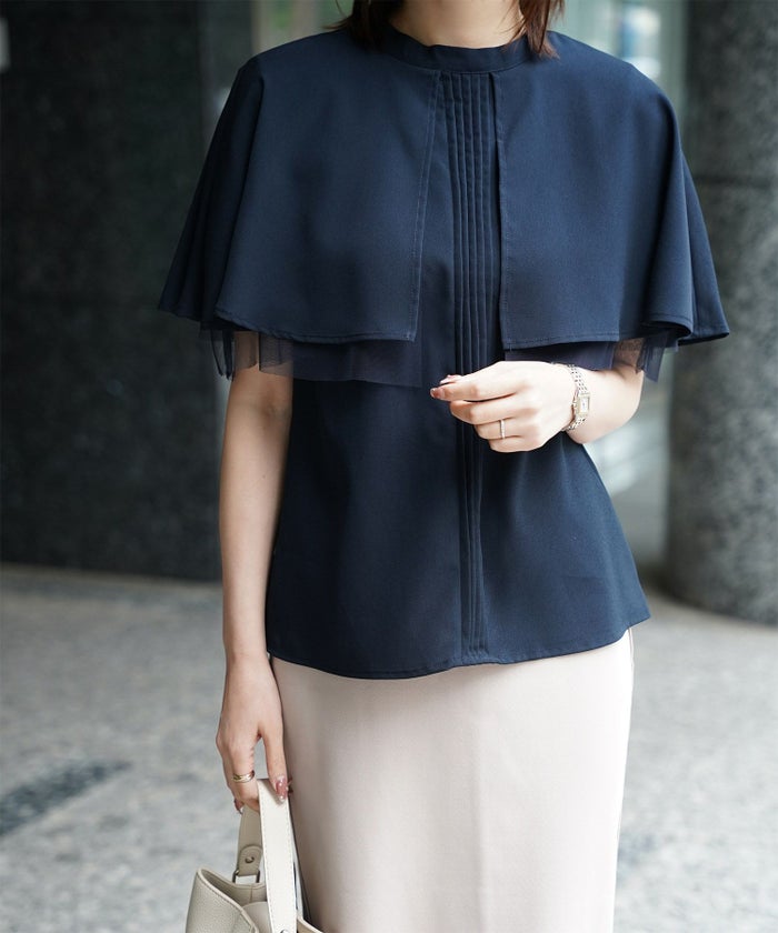 ピンタック ケープ ブラウス レディース ブラウス ドット シフォン チュール 異素材 オフィス きれいめ 上品 洗える