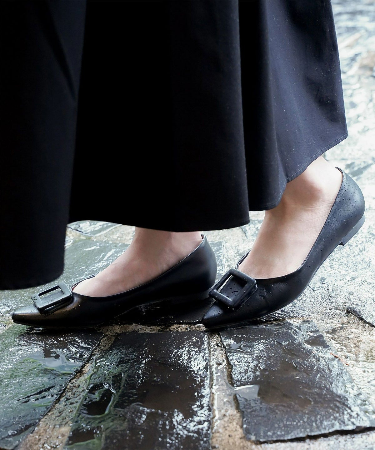 晴雨兼用 スクエア バックル シューズ シルバー ベージュ ブラック S M L LL