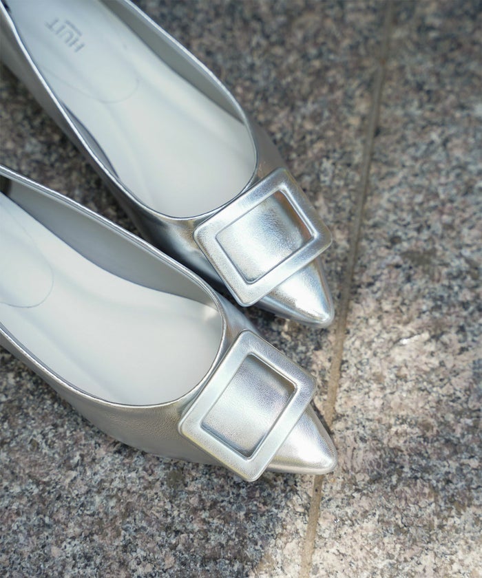 晴雨兼用 スクエア バックル シューズ シルバー ベージュ ブラック S M L LL