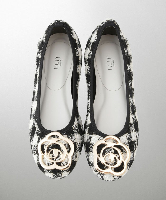 フラワー バックル フラットシューズ ミックス ベージュ ブラック S M L LL