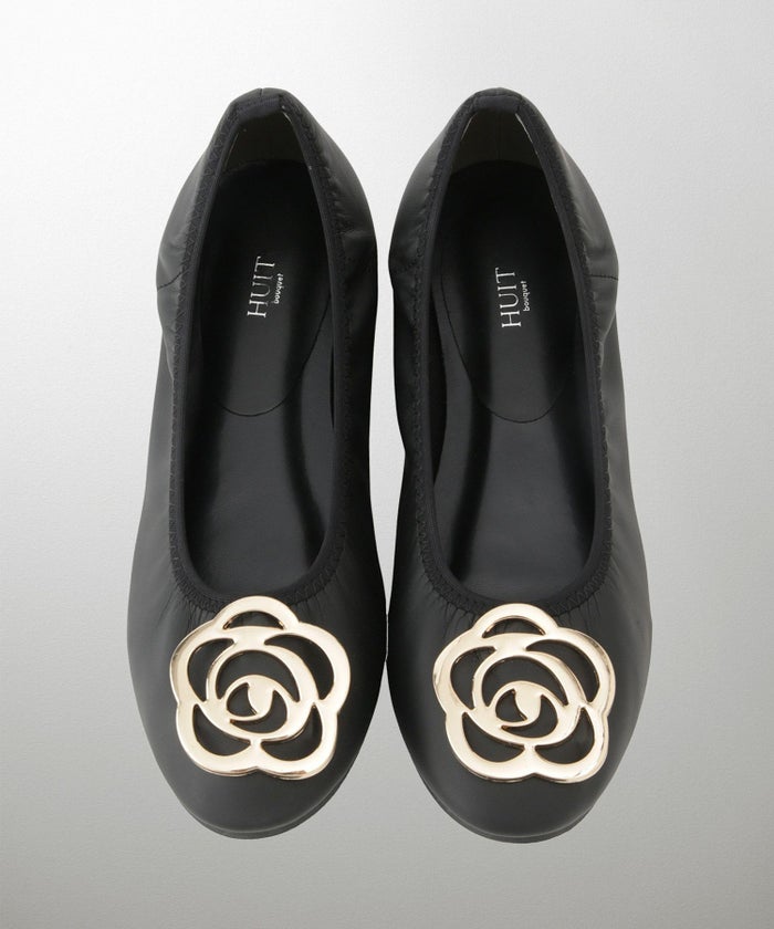 フラワー バックル フラットシューズ ミックス ベージュ ブラック S M L LL