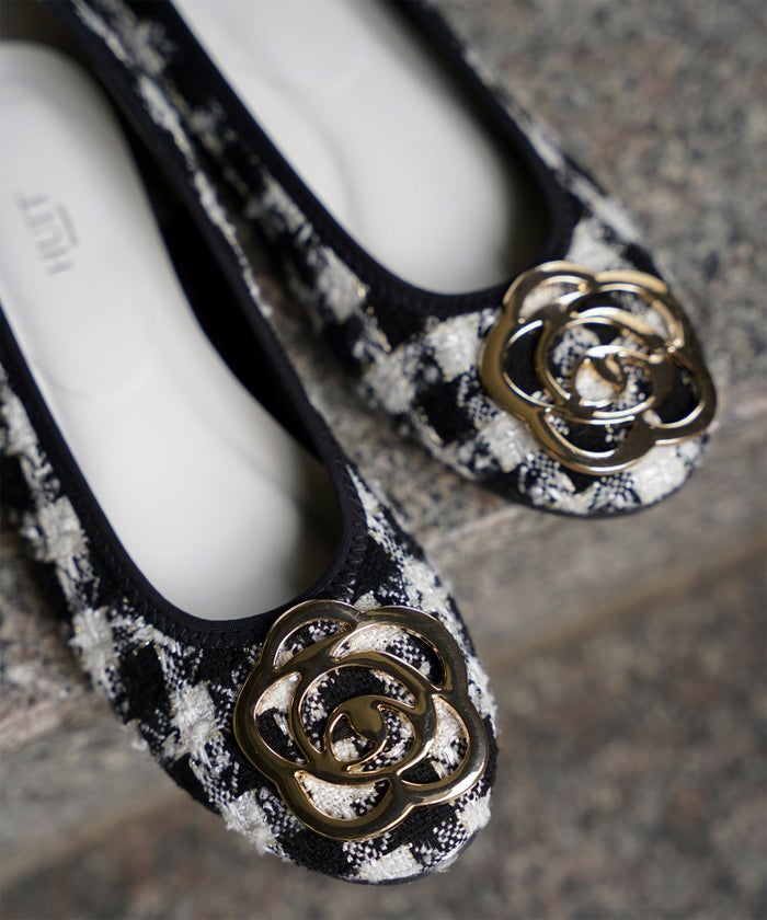 フラワー バックル フラットシューズ ミックス ベージュ ブラック S M L LL