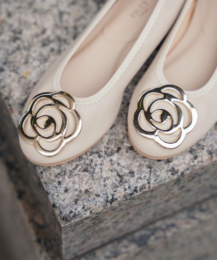 フラワー バックル フラットシューズ ミックス ベージュ ブラック S M L LL