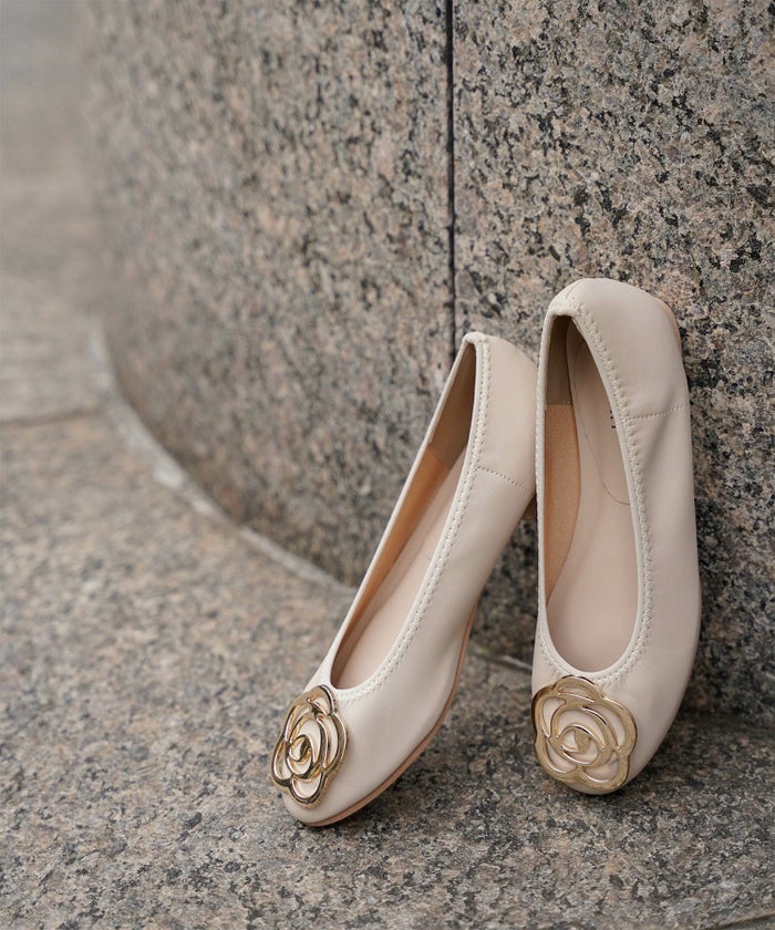 フラワー バックル フラットシューズ ミックス ベージュ ブラック S M L LL