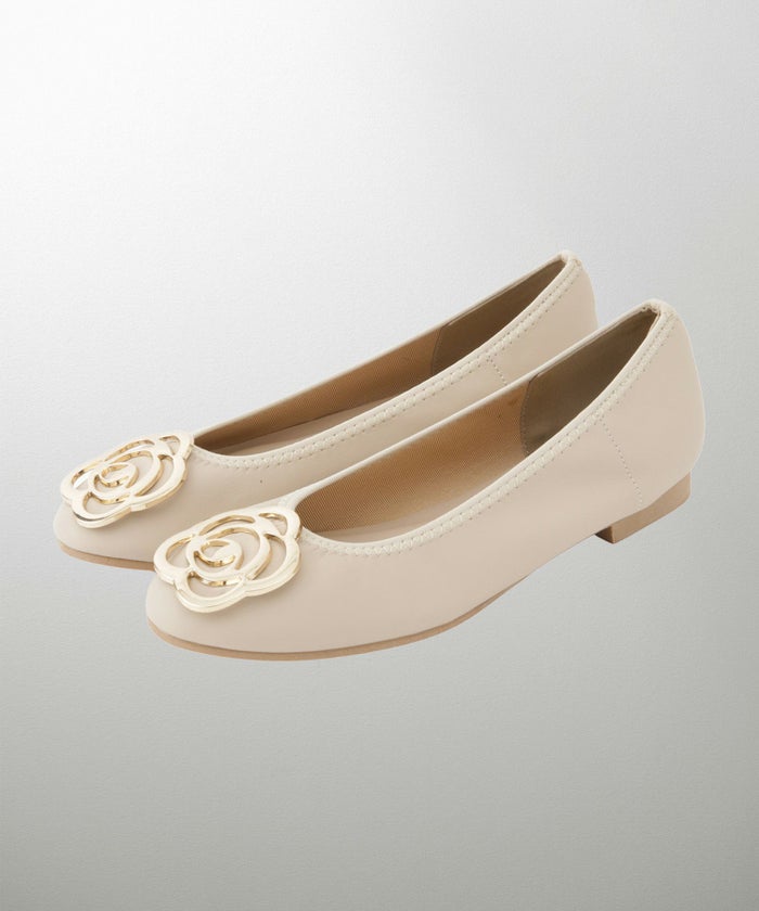 フラワー バックル フラットシューズ ミックス ベージュ ブラック S M L LL