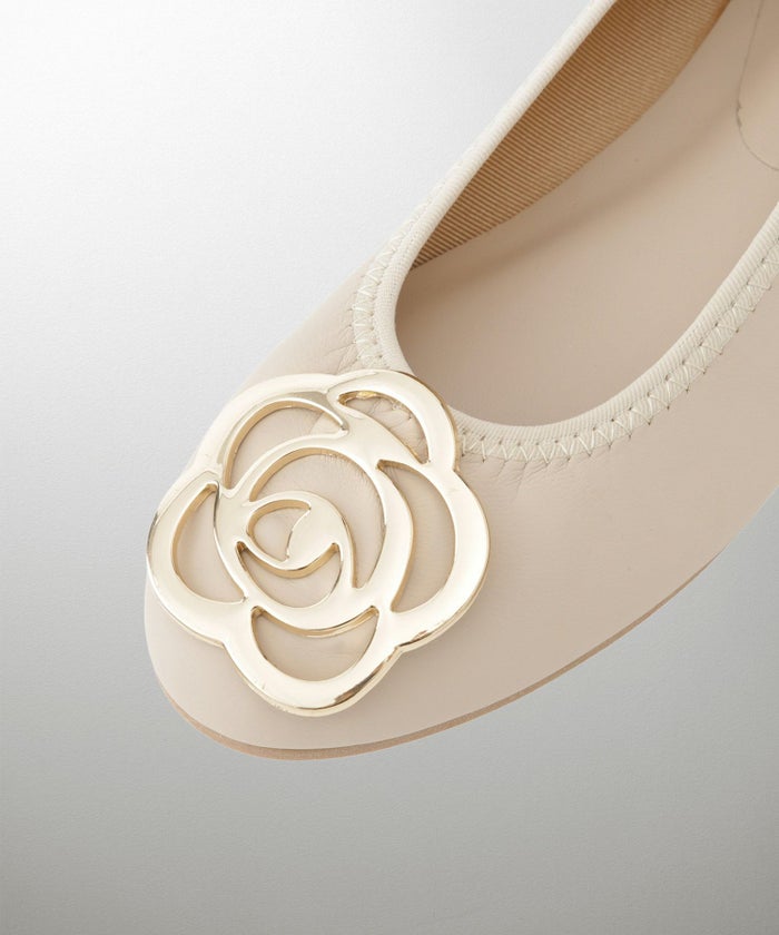 フラワー バックル フラットシューズ ミックス ベージュ ブラック S M L LL