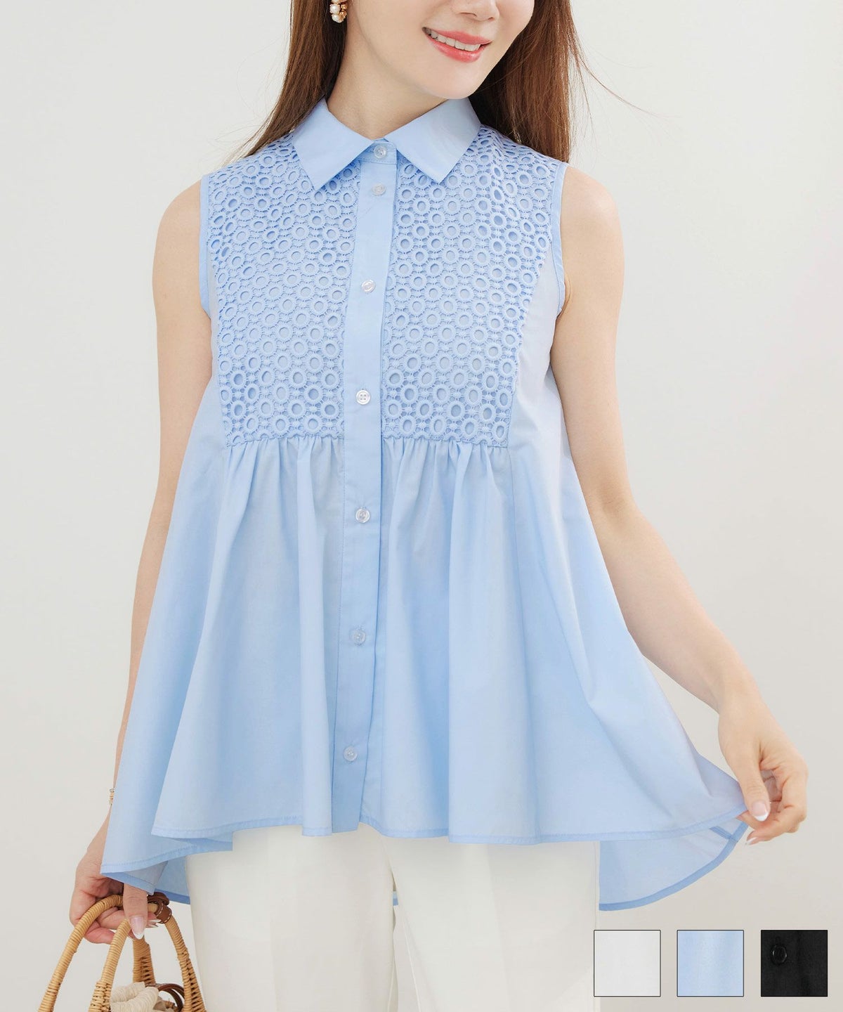 手洗い可 かわいい 上品 きれいめ 大人カジュアル シンプル エレガント ノースリーブ 体型カバー ジョイントスペース 襟付き レース ノースリーブ ブラウス Liala×PG