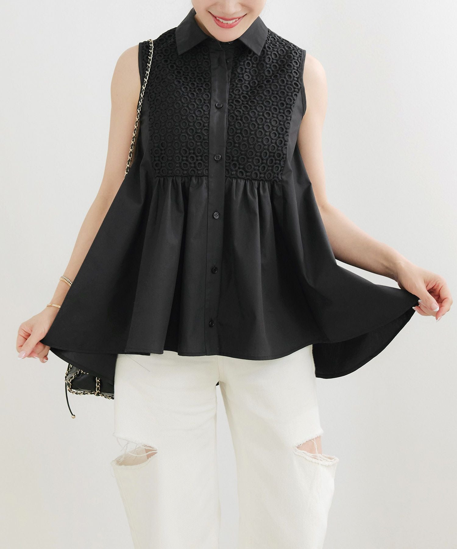 襟付き レース ノースリーブ ブラウス Liala×PG