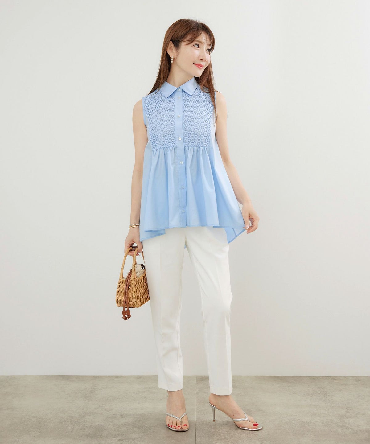 手洗い可かわいい上品きれいめ大人カジュアルシンプルエレガントノースリーブ体型カバージョイントスペース