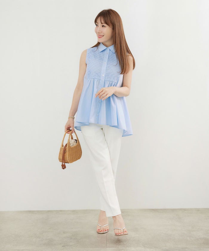 手洗い可かわいい上品きれいめ大人カジュアルシンプルエレガントノースリーブ体型カバージョイントスペース